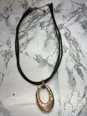 Monet Brown Pink Mosaic Oval Pendant Necklace with Multi-Strand Cord